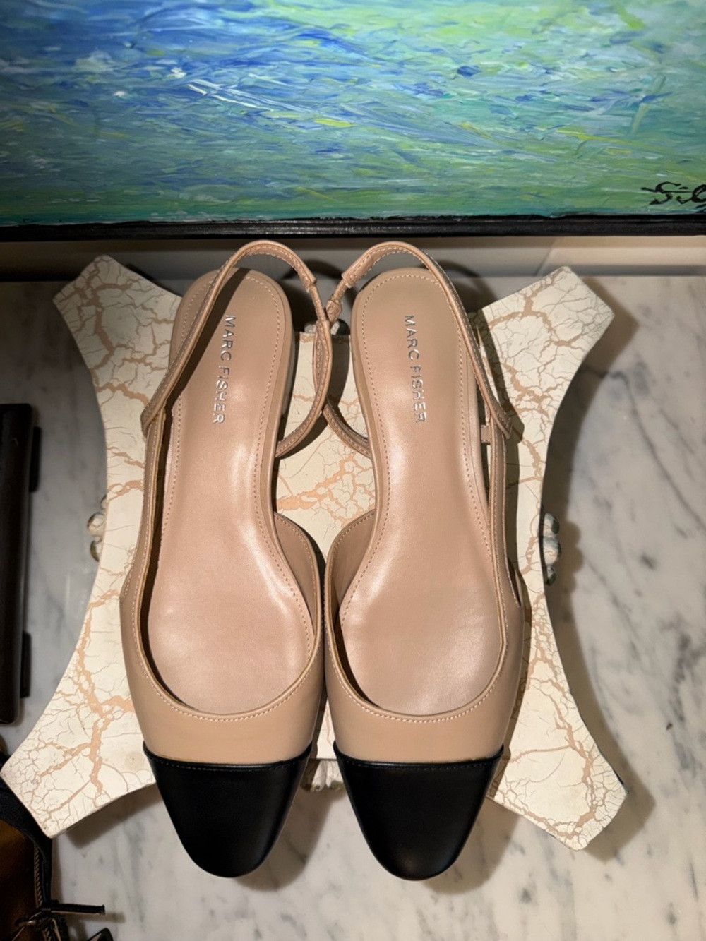 Marc Fisher Two-Tone Nude and Black Slingback Flats